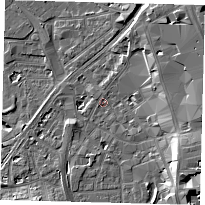 Shaded relief map of the ground around CR01XW, computed from Environment Agency LiDAR. The ground here sits at about 45 m above sea level and falls 19 m across the surrounding 800 m. Surface water reaching this point runs off ground lying to the east, 12.9 m higher.