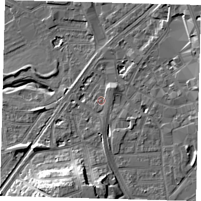 Shaded relief map of the ground around CR01XY, computed from Environment Agency LiDAR. The ground here sits at about 43 m above sea level and falls 22 m across the surrounding 800 m. Surface water reaching this point runs off ground lying to the north-east, 5.4 m higher.