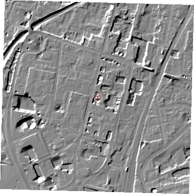 Shaded relief map of the ground around CR02EF, computed from Environment Agency LiDAR. The ground here sits at about 54 m above sea level and falls 11 m across the surrounding 800 m. Surface water reaching this point runs off ground lying to the south, 4.1 m higher.