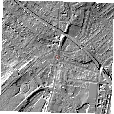 Shaded relief map of the ground around CR02HR, computed from Environment Agency LiDAR. The ground here sits at about 46 m above sea level and falls 10 m across the surrounding 800 m. Surface water reaching this point runs off ground lying to the east-south-east, 8.0 m higher.