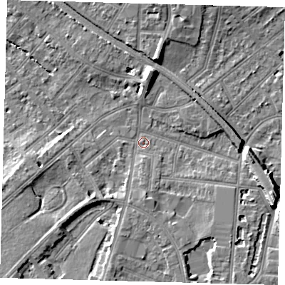 Shaded relief map of the ground around CR02LE, computed from Environment Agency LiDAR. The ground here sits at about 47 m above sea level and falls 10 m across the surrounding 800 m. Surface water reaching this point runs off ground lying to the east-south-east, 8.0 m higher.