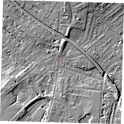 Shaded relief map of the ground around CR02LF, computed from Environment Agency LiDAR. The ground here sits at about 46 m above sea level and falls 10 m across the surrounding 800 m. Surface water reaching this point runs off ground lying to the east-south-east, 8.0 m higher.