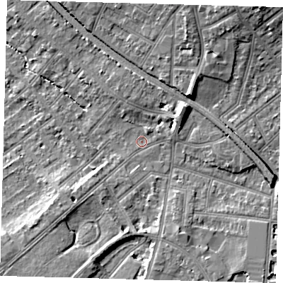 Shaded relief map of the ground around CR02QE, computed from Environment Agency LiDAR. The ground here sits at about 46 m above sea level and falls 10 m across the surrounding 800 m. Surface water reaching this point runs off ground lying to the north-east, 6.0 m higher.