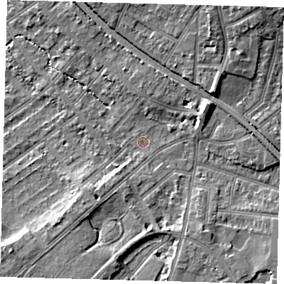 Shaded relief map of the ground around CR02QH, computed from Environment Agency LiDAR. The ground here sits at about 46 m above sea level and falls 10 m across the surrounding 800 m. Surface water reaching this point runs off ground lying to the east-north-east, 6.5 m higher.