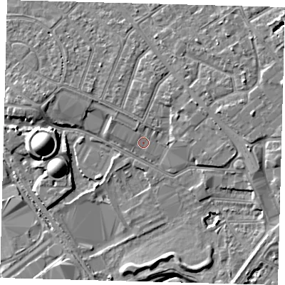 Shaded relief map of the ground around CR03RL, computed from Environment Agency LiDAR. The ground here sits at about 41 m above sea level and falls 11 m across the surrounding 800 m. Surface water reaching this point runs off ground lying to the north, 1.1 m higher.
