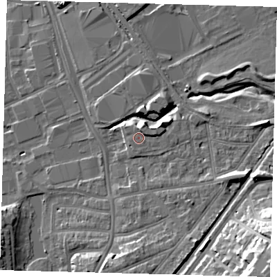 Shaded relief map of the ground around CR04BW, computed from Environment Agency LiDAR. The ground here sits at about 42 m above sea level and falls 23 m across the surrounding 800 m. Surface water reaching this point runs off ground lying to the north-north-east, 2.5 m higher.