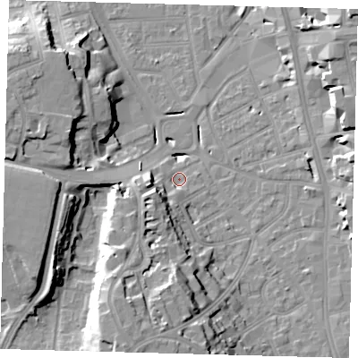 Shaded relief map of the ground around CR04HA, computed from Environment Agency LiDAR. The ground here sits at about 47 m above sea level and falls 21 m across the surrounding 800 m. Surface water reaching this point runs off ground lying to the south-south-west, 16.2 m higher.