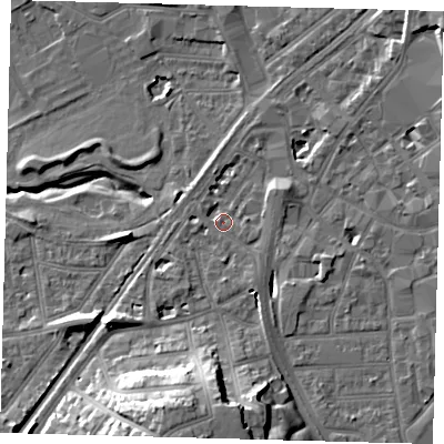 Shaded relief map of the ground around CR04JA, computed from Environment Agency LiDAR. The ground here sits at about 44 m above sea level and falls 22 m across the surrounding 800 m. Surface water reaching this point runs off ground lying to the south-south-west, 17.8 m higher.