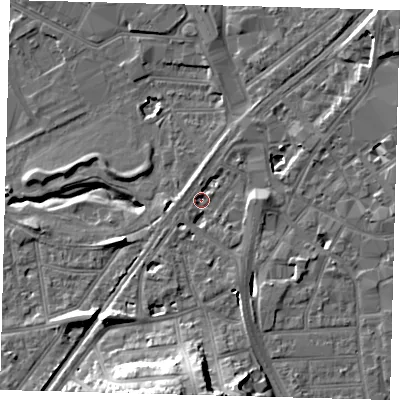 Shaded relief map of the ground around CR04JB, computed from Environment Agency LiDAR. The ground here sits at about 42 m above sea level and falls 21 m across the surrounding 800 m. Surface water reaching this point runs off ground lying to the south, 19.1 m higher.