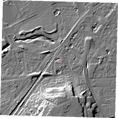 Shaded relief map of the ground around CR04JE, computed from Environment Agency LiDAR. The ground here sits at about 43 m above sea level and falls 22 m across the surrounding 800 m. Surface water reaching this point runs off ground lying to the south-south-west, 3.2 m higher.