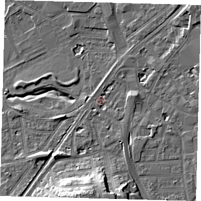 Shaded relief map of the ground around CR04RA, computed from Environment Agency LiDAR. The ground here sits at about 43 m above sea level and falls 22 m across the surrounding 800 m. Surface water reaching this point runs off ground lying to the south, 19.2 m higher.
