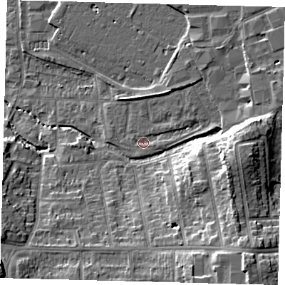 Shaded relief map of the ground around CR04SA, computed from Environment Agency LiDAR. The ground here sits at about 36 m above sea level and falls 18 m across the surrounding 800 m. Surface water reaching this point runs off ground lying to the east, 10.0 m higher.