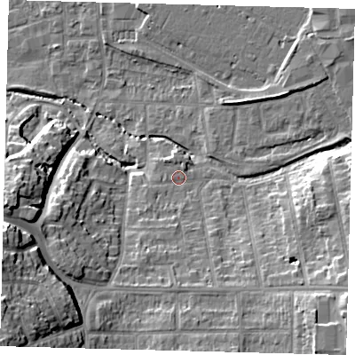 Shaded relief map of the ground around CR04SB, computed from Environment Agency LiDAR. The ground here sits at about 37 m above sea level and falls 25 m across the surrounding 800 m. Surface water reaching this point runs off ground lying to the south, 2.5 m higher.