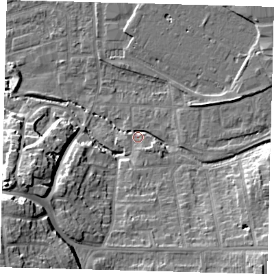 Shaded relief map of the ground around CR04SD, computed from Environment Agency LiDAR. The ground here sits at about 36 m above sea level and falls 26 m across the surrounding 800 m. Surface water reaching this point runs off ground lying to the south-east, 11.3 m higher.