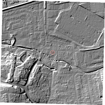 Shaded relief map of the ground around CR04SE, computed from Environment Agency LiDAR. The ground here sits at about 35 m above sea level and falls 25 m across the surrounding 800 m. Surface water reaching this point runs off ground lying to the south-east, 10.2 m higher.