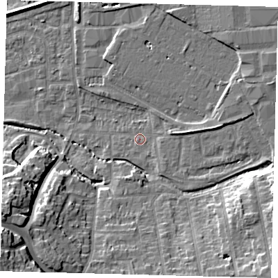 Shaded relief map of the ground around CR04SF, computed from Environment Agency LiDAR. The ground here sits at about 35 m above sea level and falls 20 m across the surrounding 800 m. Surface water reaching this point runs off ground lying to the east-north-east, 4.2 m higher.