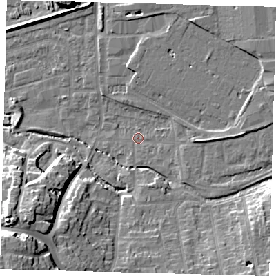 Shaded relief map of the ground around CR04SQ, computed from Environment Agency LiDAR. The ground here sits at about 35 m above sea level and falls 24 m across the surrounding 800 m. Surface water reaching this point runs off ground lying to the south-east, 10.5 m higher.