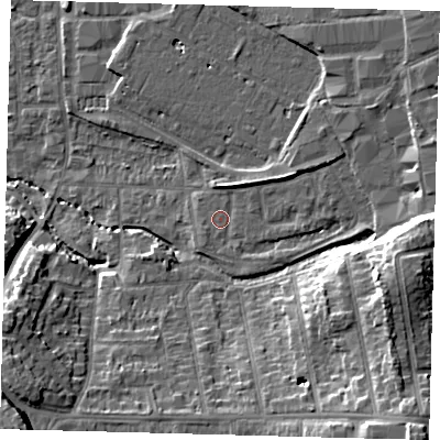 Shaded relief map of the ground around CR04SW, computed from Environment Agency LiDAR. The ground here sits at about 37 m above sea level and falls 18 m across the surrounding 800 m. Surface water reaching this point runs off ground lying to the east, 10.0 m higher.