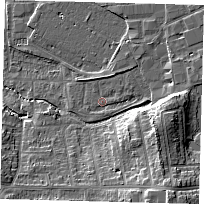 Shaded relief map of the ground around CR04SY, computed from Environment Agency LiDAR. The ground here sits at about 37 m above sea level and falls 18 m across the surrounding 800 m. Surface water reaching this point runs off ground lying to the east, 10.0 m higher.