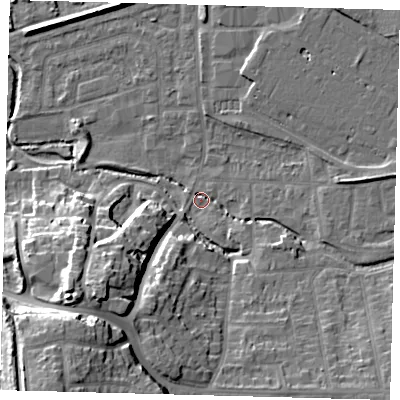 Shaded relief map of the ground around CR04TA, computed from Environment Agency LiDAR. The ground here sits at about 34 m above sea level and falls 26 m across the surrounding 800 m. Surface water reaching this point runs off ground lying to the south-west, 23.7 m higher.