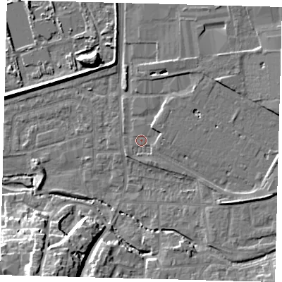 Shaded relief map of the ground around CR04TB, computed from Environment Agency LiDAR. The ground here sits at about 35 m above sea level and falls 18 m across the surrounding 800 m. Surface water reaching this point runs off ground lying to the east-south-east, 4.2 m higher.