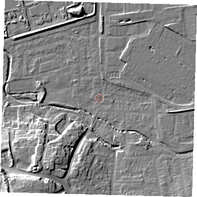 Shaded relief map of the ground around CR04TG, computed from Environment Agency LiDAR. The ground here sits at about 34 m above sea level and falls 23 m across the surrounding 800 m. Surface water reaching this point runs off ground lying to the east, 5.0 m higher.