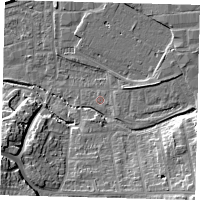 Shaded relief map of the ground around CR04TW, computed from Environment Agency LiDAR. The ground here sits at about 35 m above sea level and falls 21 m across the surrounding 800 m. Surface water reaching this point runs off ground lying to the east-south-east, 0.7 m higher.