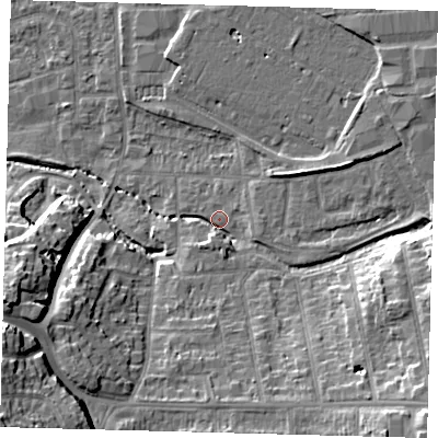 Shaded relief map of the ground around CR04TX, computed from Environment Agency LiDAR. The ground here sits at about 36 m above sea level and falls 23 m across the surrounding 800 m. Surface water reaching this point runs off ground lying to the south-east, 12.4 m higher.