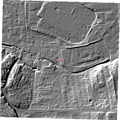 Shaded relief map of the ground around CR04TY, computed from Environment Agency LiDAR. The ground here sits at about 36 m above sea level and falls 20 m across the surrounding 800 m. Surface water reaching this point runs off ground lying to the east-south-east, 0.8 m higher.