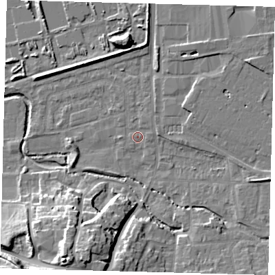 Shaded relief map of the ground around CR04UA, computed from Environment Agency LiDAR. The ground here sits at about 34 m above sea level and falls 20 m across the surrounding 800 m. Surface water reaching this point runs off ground lying to the north-east, 1.0 m higher.