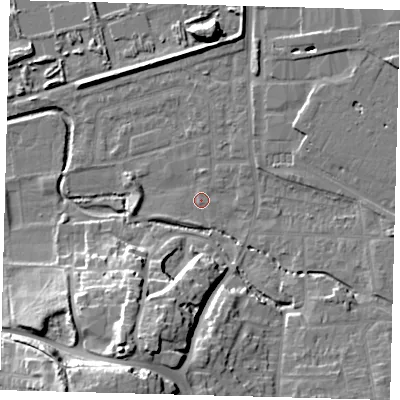 Shaded relief map of the ground around CR04UB, computed from Environment Agency LiDAR. The ground here sits at about 34 m above sea level and falls 23 m across the surrounding 800 m. Surface water reaching this point runs off ground lying to the south-south-west, 1.1 m higher.