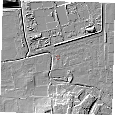 Shaded relief map of the ground around CR04UF, computed from Environment Agency LiDAR. The ground here sits at about 33 m above sea level and falls 20 m across the surrounding 800 m. Surface water reaching this point runs off ground lying to the north-east, 5.0 m higher.