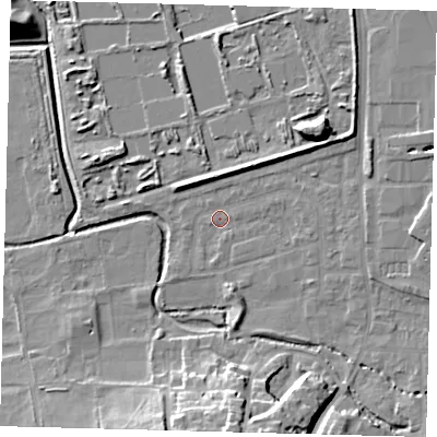 Shaded relief map of the ground around CR04UJ, computed from Environment Agency LiDAR. The ground here sits at about 33 m above sea level and falls 19 m across the surrounding 800 m. Surface water reaching this point runs off ground lying to the east-north-east, 4.4 m higher.