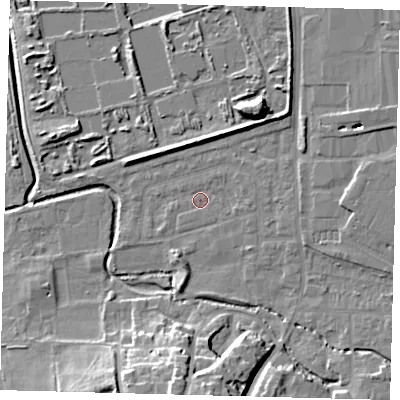 Shaded relief map of the ground around CR04UL, computed from Environment Agency LiDAR. The ground here sits at about 33 m above sea level and falls 19 m across the surrounding 800 m. Surface water reaching this point runs off ground lying to the east, 1.6 m higher.