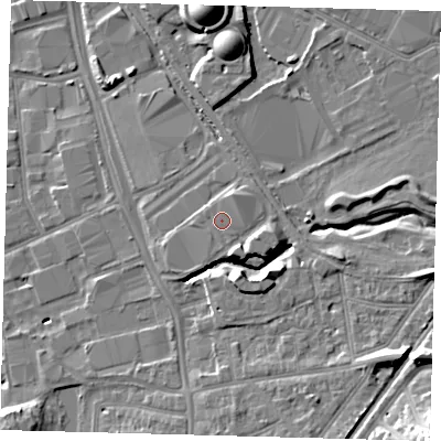 Shaded relief map of the ground around CR04WF, computed from Environment Agency LiDAR. The ground here sits at about 42 m above sea level and falls 17 m across the surrounding 800 m. The ground contributing surface water to this point lies to the south-south-east.