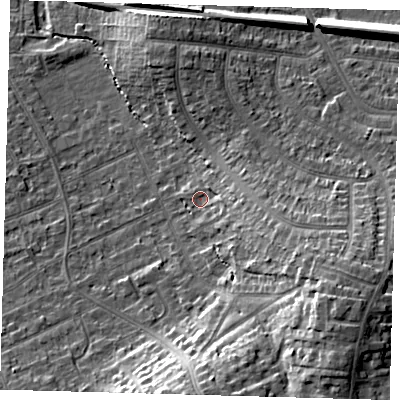 Shaded relief map of the ground around CR07RD, computed from Environment Agency LiDAR. The ground here sits at about 40 m above sea level and falls 20 m across the surrounding 800 m. Surface water reaching this point runs off ground lying to the east, 4.2 m higher.