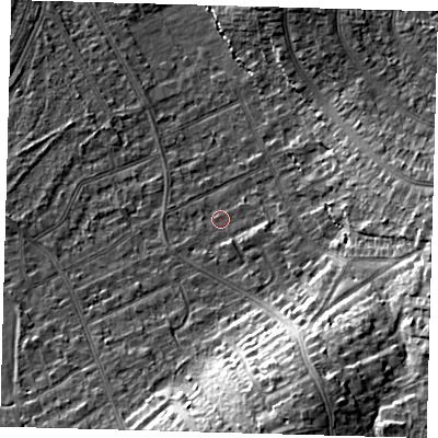 Shaded relief map of the ground around CR07SA, computed from Environment Agency LiDAR. The ground here sits at about 40 m above sea level and falls 20 m across the surrounding 800 m. Surface water reaching this point runs off ground lying to the south-south-east, 14.4 m higher.