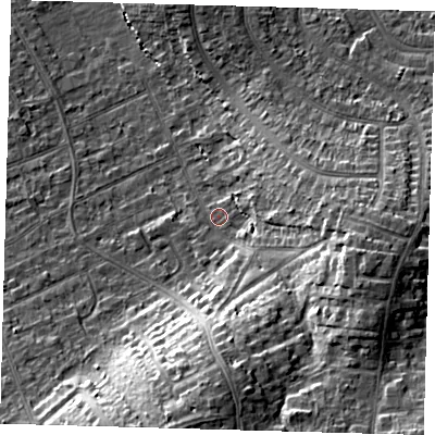 Shaded relief map of the ground around CR07SG, computed from Environment Agency LiDAR. The ground here sits at about 41 m above sea level and falls 20 m across the surrounding 800 m. Surface water reaching this point runs off ground lying to the south, 14.3 m higher.