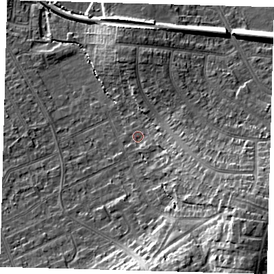 Shaded relief map of the ground around CR07SH, computed from Environment Agency LiDAR. The ground here sits at about 39 m above sea level and falls 20 m across the surrounding 800 m. Surface water reaching this point runs off ground lying to the east-south-east, 12.5 m higher.