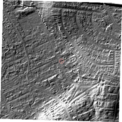 Shaded relief map of the ground around CR07SJ, computed from Environment Agency LiDAR. The ground here sits at about 39 m above sea level and falls 20 m across the surrounding 800 m. Surface water reaching this point runs off ground lying to the south, 15.2 m higher.