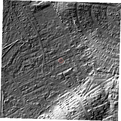 Shaded relief map of the ground around CR07SL, computed from Environment Agency LiDAR. The ground here sits at about 39 m above sea level and falls 20 m across the surrounding 800 m. Surface water reaching this point runs off ground lying to the south-south-east, 16.2 m higher.
