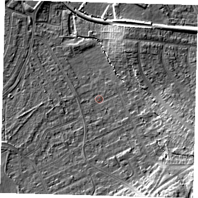 Shaded relief map of the ground around CR07SN, computed from Environment Agency LiDAR. The ground here sits at about 38 m above sea level and falls 16 m across the surrounding 800 m. Surface water reaching this point runs off ground lying to the south-east, 13.0 m higher.