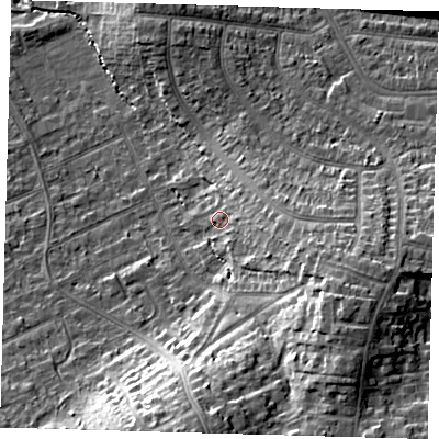 Shaded relief map of the ground around CR07SR, computed from Environment Agency LiDAR. The ground here sits at about 42 m above sea level and falls 21 m across the surrounding 800 m. Surface water reaching this point runs off ground lying to the east, 5.9 m higher.