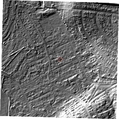 Shaded relief map of the ground around CR07ST, computed from Environment Agency LiDAR. The ground here sits at about 38 m above sea level and falls 20 m across the surrounding 800 m. Surface water reaching this point runs off ground lying to the south-south-east, 15.9 m higher.