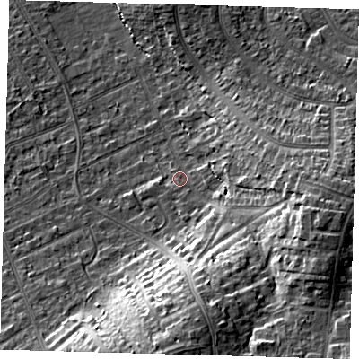 Shaded relief map of the ground around CR07SU, computed from Environment Agency LiDAR. The ground here sits at about 41 m above sea level and falls 20 m across the surrounding 800 m. Surface water reaching this point runs off ground lying to the south-south-east, 14.6 m higher.
