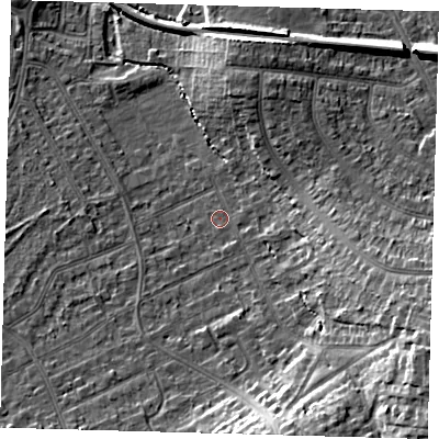 Shaded relief map of the ground around CR07SW, computed from Environment Agency LiDAR. The ground here sits at about 38 m above sea level and falls 20 m across the surrounding 800 m. Surface water reaching this point runs off ground lying to the east-south-east, 13.0 m higher.