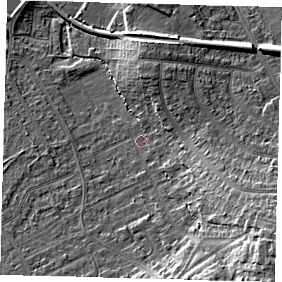 Shaded relief map of the ground around CR07SX, computed from Environment Agency LiDAR. The ground here sits at about 38 m above sea level and falls 20 m across the surrounding 800 m. Surface water reaching this point runs off ground lying to the east-south-east, 13.5 m higher.