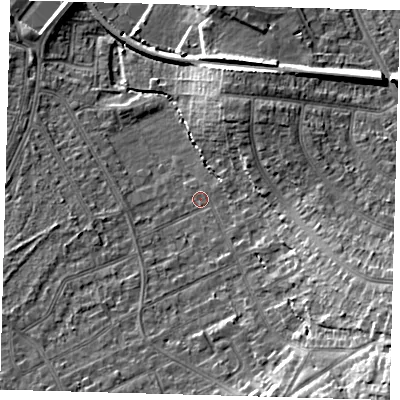Shaded relief map of the ground around CR07SY, computed from Environment Agency LiDAR. The ground here sits at about 38 m above sea level and falls 19 m across the surrounding 800 m. Surface water reaching this point runs off ground lying to the east-south-east, 13.4 m higher.
