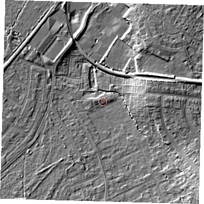 Shaded relief map of the ground around CR07TX, computed from Environment Agency LiDAR. The ground here sits at about 37 m above sea level and falls 12 m across the surrounding 800 m. Surface water reaching this point runs off ground lying to the south-east, 9.7 m higher.