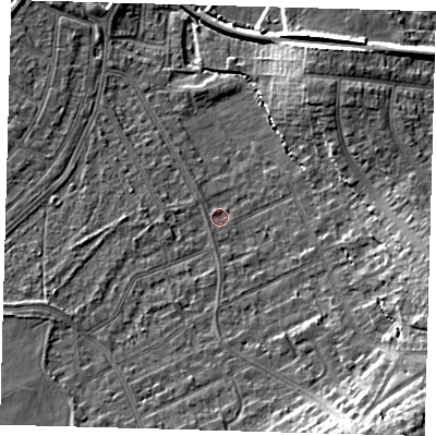Shaded relief map of the ground around CR07UF, computed from Environment Agency LiDAR. The ground here sits at about 38 m above sea level and falls 17 m across the surrounding 800 m. Surface water reaching this point runs off ground lying to the south-south-east, 12.3 m higher.